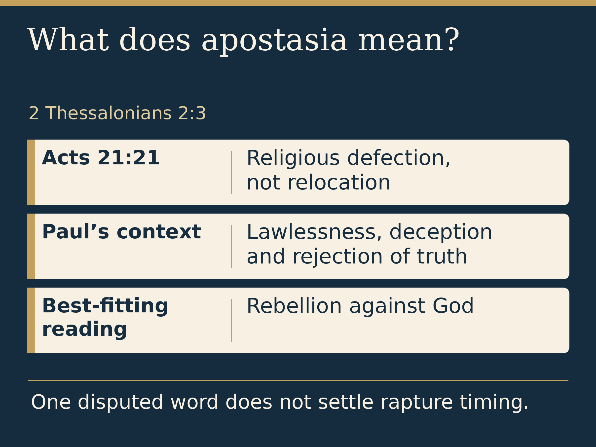 What does apostasia mean?. 2 Thessalonians 2:3. Acts 21:21: Religious defection, not relocation. Paul’s context: Lawlessness, deception and rejection of truth. Best-fitting reading: Rebellion against God. One disputed word does not settle rapture timing.