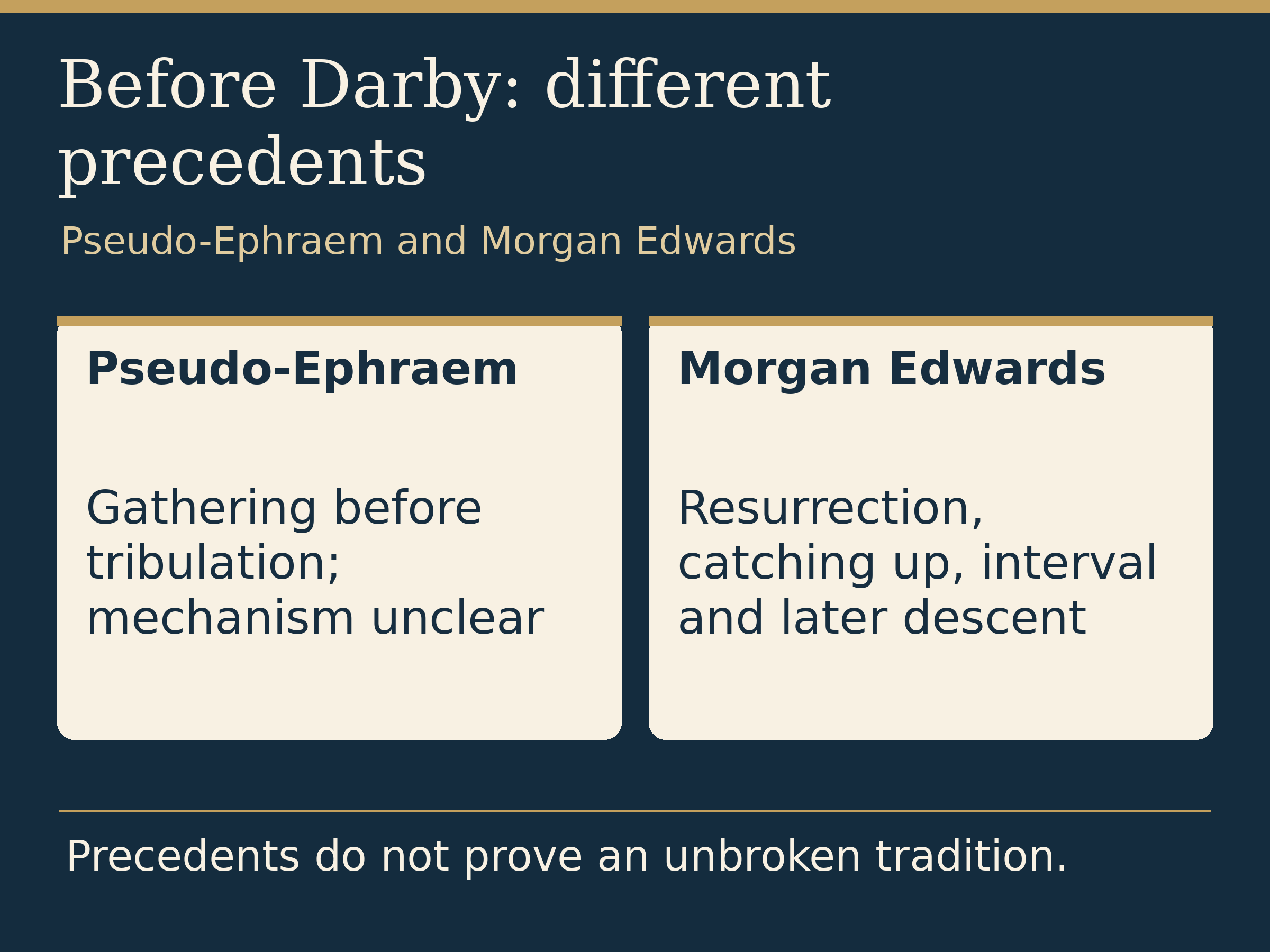 Before Darby: different precedents. Pseudo-Ephraem and Morgan Edwards. Pseudo-Ephraem: Gathering before tribulation; mechanism unclear. Morgan Edwards: Resurrection, catching up, interval and later descent. Precedents do not prove an unbroken tradition.