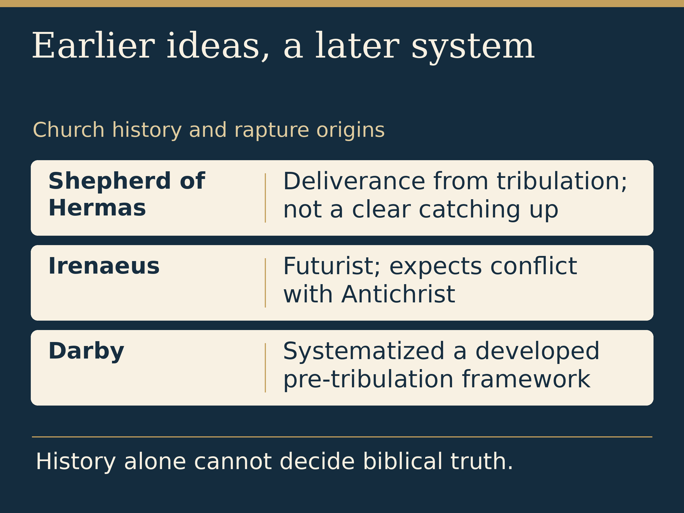 Earlier ideas, a later system. Church history and rapture origins. Shepherd of Hermas: Deliverance from tribulation; not a clear catching up. Irenaeus: Futurist; expects conflict with Antichrist. Darby: Systematized a developed pre-tribulation framework. History alone cannot decide biblical truth.